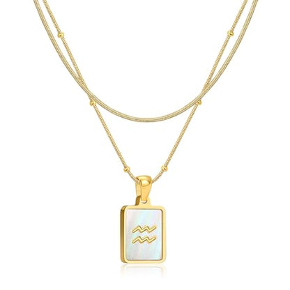 LETFLY Layered Zodiac Necklace for Women 18K Gold Natural Shell Pendant | Birthday Gifts for Women, Daily Wear, Hypoallergenic Material, Personalized Constellation Pendant, Adjustable, Snake Chain - style: Aquarius