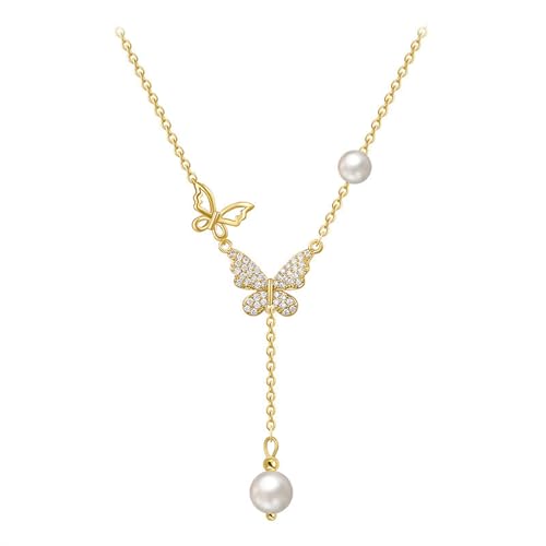 Bohemian Butterfly Pendant Necklace Teardrop Pearl Y Necklace Chain Vintage Pearl Y Lariat Necklace Pearl Y Drop Chain Necklace Gold Butterfly Sweater Chain Necklace Jewelry for Women and Te