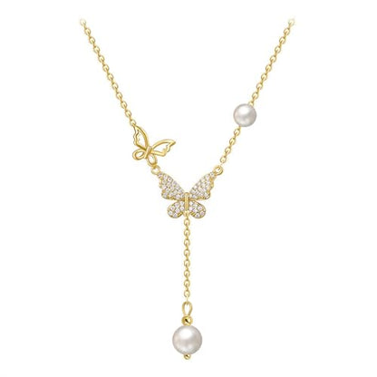 Bohemian Butterfly Pendant Necklace Teardrop Pearl Y Necklace Chain Vintage Pearl Y Lariat Necklace Pearl Y Drop Chain Necklace Gold Butterfly Sweater Chain Necklace Jewelry for Women and Te