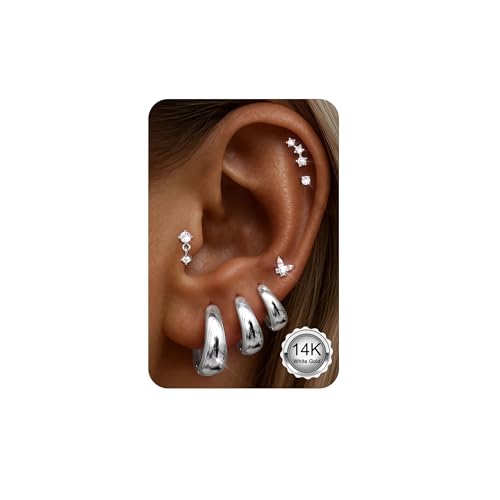 ADRAMATA Hypoallergenic Gold Earrings Stack for Women - 7Pairs Surgical Steel Small Chunky Huggie Hoops & Flat Back Stud Earrings Set Silver Cartilage Jewelry Trendy Christmas Gifts - style: Chunky - Silver