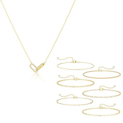 Freekiss Gold Stack Bracelets Pendant Necklace for Women: Dainty Thin Bracelet Set Charm Necklaces Necklaces Trendy Gold Jewelry for Women