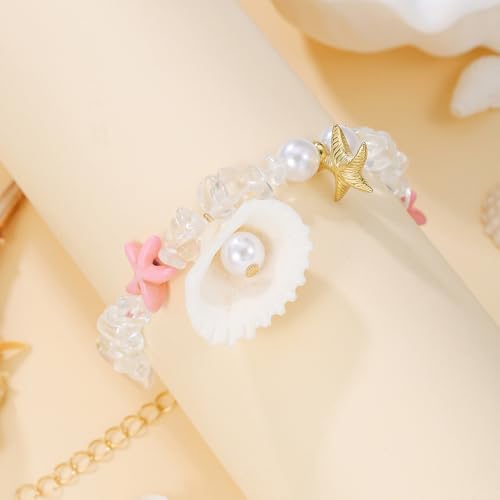 Shell Starfish Bracelet Seahorse Conch Starfish Sea Shell Pearls Charm Stone Bracelet Statement Bohemian Sea Themed Beach Jewelry for Women - color: Pink B