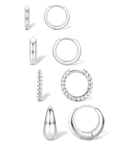 Jstyle Small Hoop Earrings for Women, Gold Silver Earring Stack | 4Pcs Huggie Hoop Earrings Set, Non Tarnish, Chunky Cartilage Earring, Piercing Jewelry, Comfortable Daily Wear - color: Silver Plated