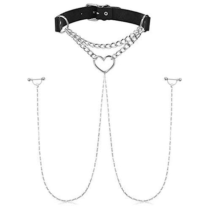 Nipple Ring with Choker Necklaces Stainless Steel Nipple Rings Chain Heart Cat Head Punk Chokers for Women Nipple Barbell Piercing Jewelry - color: Black PU Leather Heart with Chain Style
