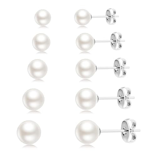 JINERA 5 Pairs Stud Earrings for Women 14K Plated Gold/Silver Pearl Ball Small Stud Earrings Set Cartilage Piercing Hypoallergenic Lightweight Flatback Earrings Jewelry Gifts for Women - color: 5 Pairs Pearl Earrings - Silver