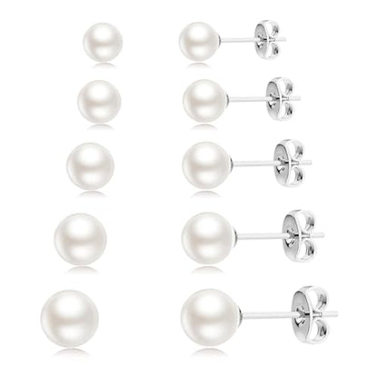 JINERA 5 Pairs Stud Earrings for Women 14K Plated Gold/Silver Pearl Ball Small Stud Earrings Set Cartilage Piercing Hypoallergenic Lightweight Flatback Earrings Jewelry Gifts for Women - color: 5 Pairs Pearl Earrings - Silver