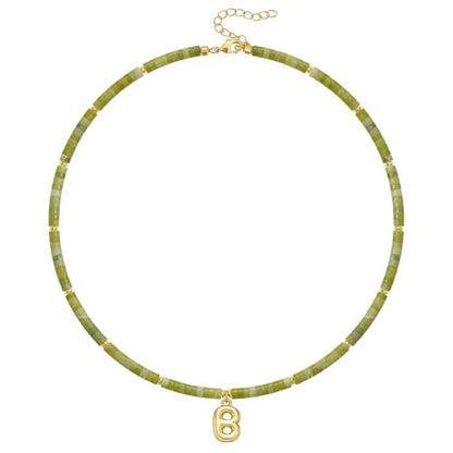 KELORIS PATH Beaded Initial Necklace for Women, 14K Gilded Plated Bubble Letter Pendant Natural Handmade Stone Choker Boho Colorful Summer Beach Jewelry Gift - color: Green Aventurine, style: Letter B