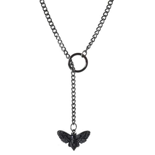 Slip Chain Choker for Women Handmade Black Stainless Steel Cuban Chain Chunky Moon Bat Raven Skull Pendant Gothic Punk Rock Collar Adjustable Lariat Y Necklace for Men - style: Black moth