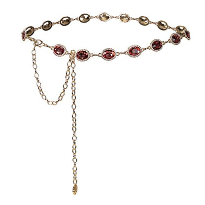 ILuvatar Green Glass Diamond Chain Belt - Metal Women's Western Style Dress Belt - color: Gold-wine Red