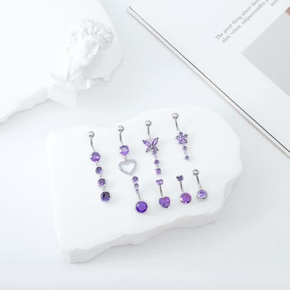 LEE&RO Belly Button Ring Dangle Stainless Steel Belly Rings 14G Belly Button Piercing Cute Navel Ring Belly Piercing Jewelry - style: 8Pcs-Purple