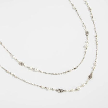 Long Layered Faux Pearl Beaded Chain Necklace for Women,Boho Y Body Chain Gold Drop Lariat Necklace Dainty Statement Fashion Jewelry Gifts - color: Silver2