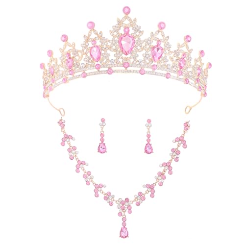 Crystal Crown and Tiara Jewelry Set for Women Bride with Necklace Earrings | Metal Rhinestone Royal Queen Princess Jewelry Set Wedding Quinceanera Pageant Prom Birthday Halloween Party Costume Gift - color: Pink