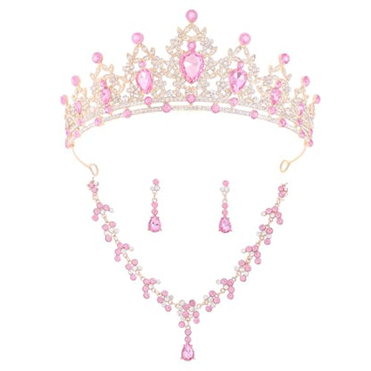 Crystal Crown and Tiara Jewelry Set for Women Bride with Necklace Earrings | Metal Rhinestone Royal Queen Princess Jewelry Set Wedding Quinceanera Pageant Prom Birthday Halloween Party Costume Gift - color: Pink