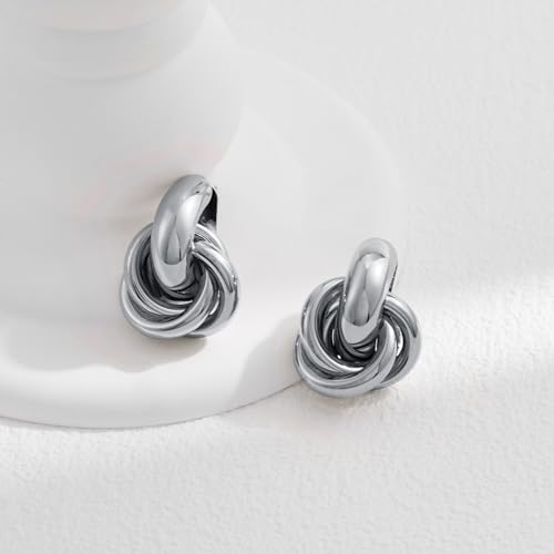 Gold Geometric Drop Dangle Earrings for Women Chunky Trendy Knot Stud Small Twisted Link Earring Jewelry Gift - color: A-Small Flower-Silver