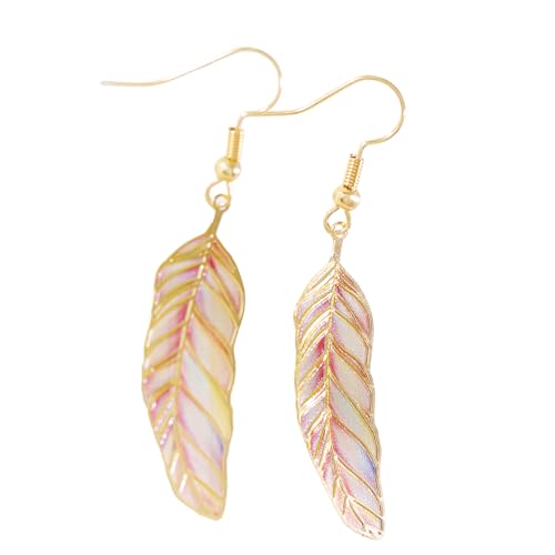 Metal Feather Leaf Drop Earrings Large Pink Leaf Shape Dangle Earrings Boho Holiday Outfits