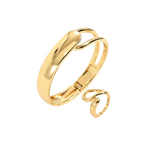 Gold Bangle Ring Set for Women Chunky Statement Jewelry Set Geometric Bangle Bracelet And Ring Minimalist Daily Wear Party Jewelry Gift - color: Gold A