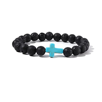 8MM Ornament Lava Volcanic Stone Beads Turquoise Cross Elastic Stretch Bracelet Religion Bangle for Women Men - color: 3 colors