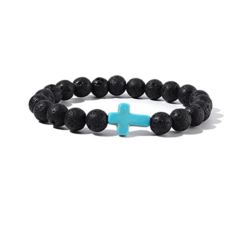 8MM Ornament Lava Volcanic Stone Beads Turquoise Cross Elastic Stretch Bracelet Religion Bangle for Women Men - color: Blue