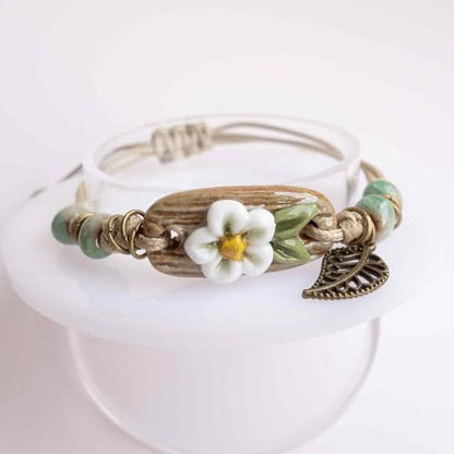 Handcrafted Bohemian Ceramic Flower Bracelet with Leaf Charm, Adjustable Beaded Bracelet for Women, Unique Handmade Jewelry Gift for Nature Lovers - style: Boho