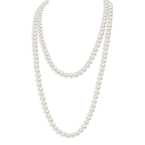 1920s Long Fake Pearls Strand Necklace Layered Retro Vintage Imitation Round Beaded Ball for Women Flapper Party Halloween Jewelry Mother's Day Gift - color: White