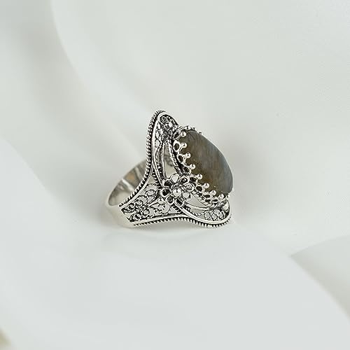 Filigranist 925 Sterling Silver Handcrafted Filigree Art Flower Pattern Woman Oval Statement Ring, Gift Boxed - color: Labradorite