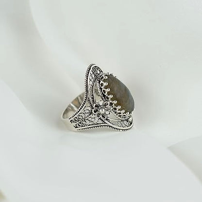 Filigranist 925 Sterling Silver Handcrafted Filigree Art Flower Pattern Woman Oval Statement Ring, Gift Boxed - color: Labradorite