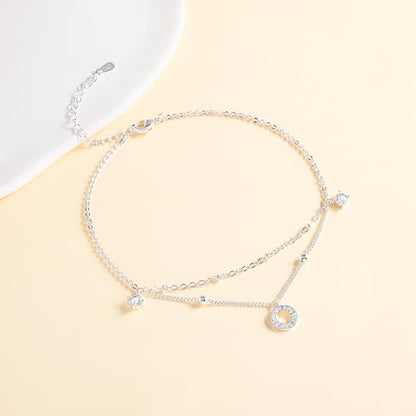 Sterling Silver Ankle Bracelets for Women 14k Gold Plated Waterproof Layered Stackable CZ Charm Non Tarnish Adjustable Anklet for Summer Beach Birthday Jewelry Gift - color: silver E