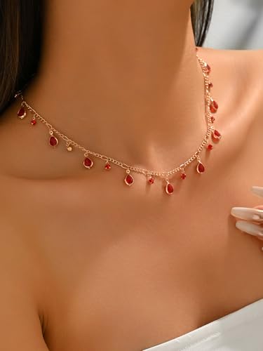 Bohemian Red Rhinestone Choker Necklace for Women, Gold Tone Teardrop Tassel Dangle Collar Chain, Elegant Ruby Red Crystal Fringe Necklace Jewelry for Party Prom Wedding