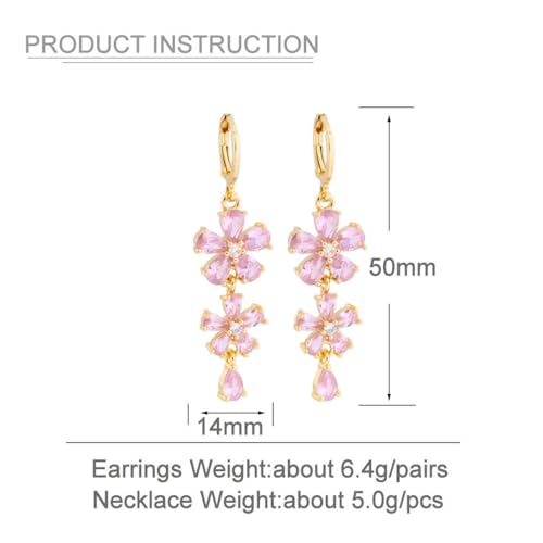 Cute Pink CZ Flower Dangle Drop Hoop Earrings for Women Dainty Elegant Gold Plated Crystal Floral Teardrop Tassel Statement Dangling Hypoallergenic Lightweight Fashion Trendy Jewelry for Her Bff