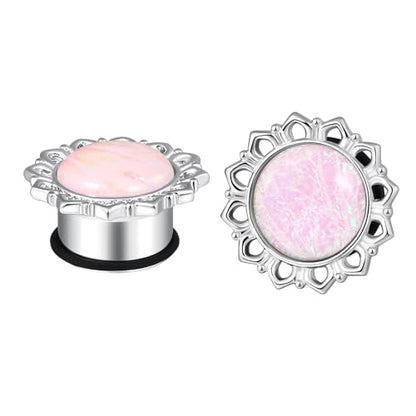Ear Tunnels Gauges, 2PCS Stainless Steel Tunnel Set Single Flared Pink Solid Opal Flower Ear Gauges 00G Ear Piercing Jewelry - size: 00G(10mm)