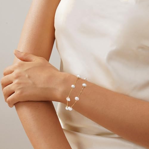 BERISO Gold/Silver Pearl Bracelets - 14K Gold Plated Dainty Pearls Beaded Chain Heart Bracelets - style: 2layer Pearl-Gold