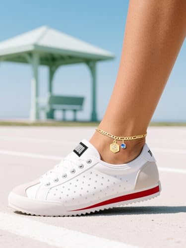Custom4U Personalized Initial Ankle Bracelets for Women 14K Gold Plated Dainty CZ Birthstone Hexagon Letter Initial Anklets for Women Adjustable Silver/Gold Foot Chain Summer Beach Jewelry Gifts - color: Gold Hexagon-R