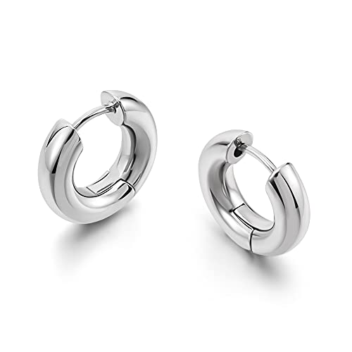 FAMARINE Chunky Thick Hoop Earrings for Women Gold Hoops Huggie Earrings for Men Gift - color: 5/8" Hoop Silver