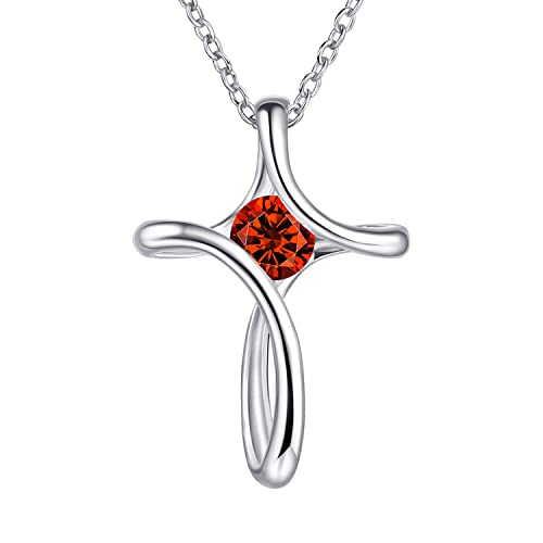 Cross Necklace for Women 925 Sterling Silver Birthstone Necklace for Women | Silver Necklaces with Diamond Sideways Birthstone Jewelry Gifts for Women 45+3cm Adjustable Chain - color: 01-Jan-Garnet