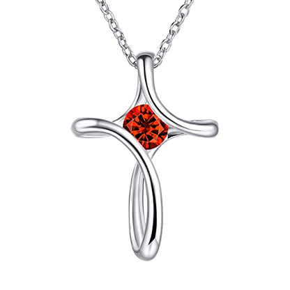 Cross Necklace for Women 925 Sterling Silver Birthstone Necklace for Women | Silver Necklaces with Diamond Sideways Birthstone Jewelry Gifts for Women 45+3cm Adjustable Chain - color: 01-Jan-Garnet
