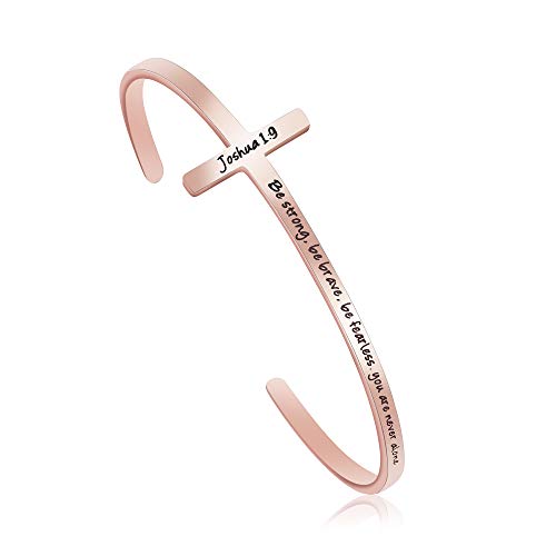 𝐂𝐫𝐨𝐬𝐬 𝐁𝐫𝐚𝐜𝐞𝐥𝐞𝐭 Religious Cuff Bangle 𝐁𝐢𝐛𝐥𝐞 𝐕𝐞𝐫𝐬𝐞 Christian Gifts Jewelry for 𝐖𝐨𝐦𝐞𝐧 - style: Rose gold-Be strong ,Be brave ,Be fearless.you are never alone -Joshua 1:9