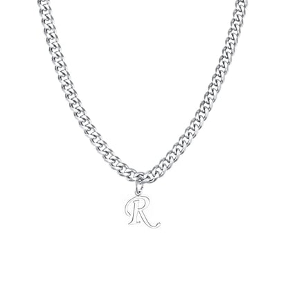 Stainless Steel Initial A-Z Necklace for Men Women,Cuban Chain,Titanium Steel Initial Letter Pendant Charm Necklaces Accessories Jewelry for Woman Man,21 Inch Chain - color: R