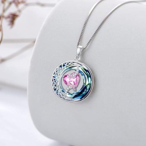 TOUPOP Birthstone Necklace Women Sterling Silver Moon Star Birthday Jewelry | Celtic Moon Pendant with Blue Crystal Anniversary Christmas Jewelry Gifts for Wife Mom Her - color: A-10-Pink Tourmaline