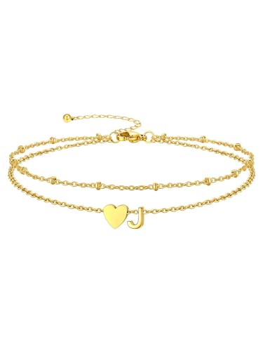 Ankle Bracelets for Women Waterproof 14K Gold/Silver/Black Initial Anklet for Women Dainty Layered Heart Ankle Bracelets Stainless Steel Adjustable Foot Chain Anklet Summer Beach Jewelry - color: J-Gold