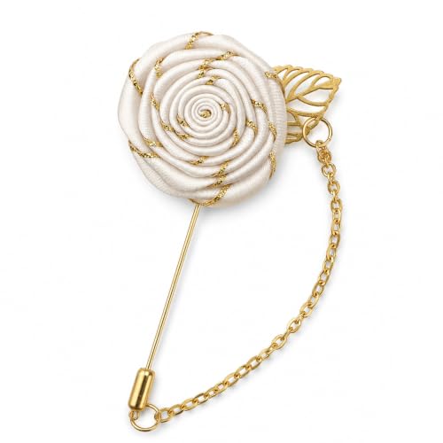 1 Pcs Gold Lapel Pin for Men, White Flower Brooch Pin for Men, Zinc Alloy Wedding Lapel Pin with Metal Chain for Suits Tuxedo Groom Accessories (Ivory White)