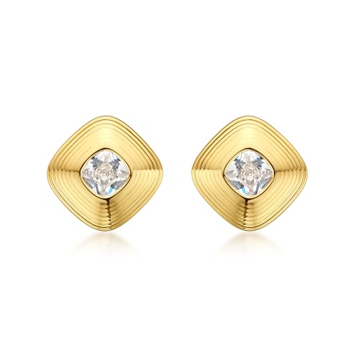 18K Gold Plated Huggie Hoop Earrings for Women, 925 Sterling Silver Post, Hypoallergenic Small Earrings - color: Square Ribbed Crystal Stud Earrings