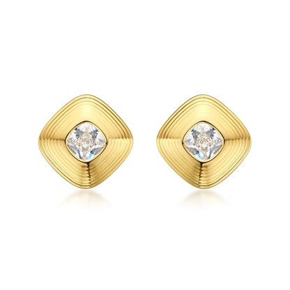 18K Gold Plated Huggie Hoop Earrings for Women, 925 Sterling Silver Post, Hypoallergenic Small Earrings - color: Square Ribbed Crystal Stud Earrings