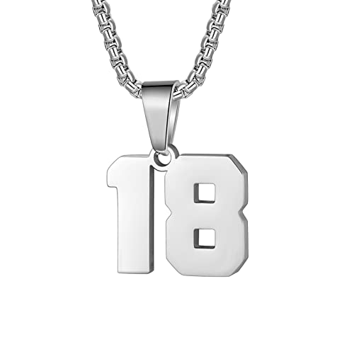 Susook Number Necklace for Boy Black Athletes Number Stainless Steel Chain 00-99 Number Charm Pendant Personalized Sports Jewelry for Men Basketball Baseball Football - color: Silver, style: 18