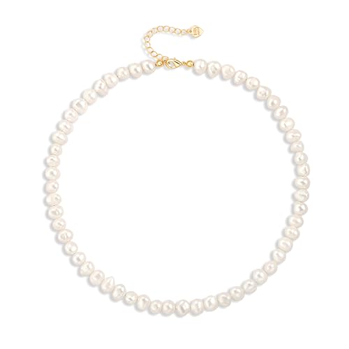 Aobei Pearl Gemstone Beaded Choker Necklace for Women Boho Turquoise/Cultured Freshwater Pearls/Garnet/Amazonite Jewelry - color: O White Baroque Pearl