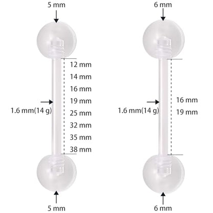 Clear Barbell Piercing Set for Women Men 14 G Acrylic Tongue Piercings Retainers Bars Kit Long Hypoallergenic Belly Button Ring Plastic Nipple Rings Jewellery Cute Body Jewelry 12 pcs - size: 1.6*38+5