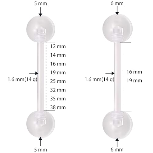 Clear Barbell Piercing Set for Women Men 14 G Acrylic Tongue Piercings Retainers Bars Kit Long Hypoallergenic Belly Button Ring Plastic Nipple Rings Jewellery Cute Body Jewelry 12 pcs - size: 1.6*25+5