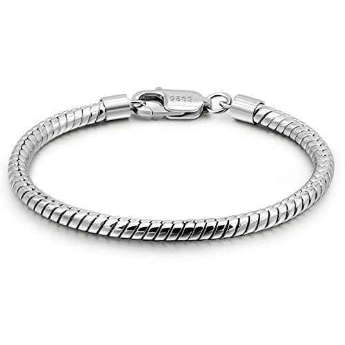 Dankadi Italy Smooth 3MM 4MM Round Snake Chain Bracelet Solid 925 Sterling Silver Men Women 6.3" 6.7" 7" 7.5" 8" 8.5" 9" 9.5" Bangle Charm Jewelry Gift - color: 4MM, size: 7.5 inches