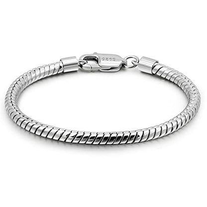 Dankadi Italy Smooth 3MM 4MM Round Snake Chain Bracelet Solid 925 Sterling Silver Men Women 6.3" 6.7" 7" 7.5" 8" 8.5" 9" 9.5" Bangle Charm Jewelry Gift - color: 4MM, size: 6.7 inches
