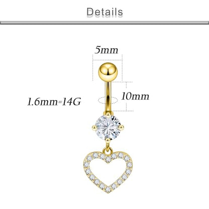 7PCS 14G 10mm Stainless Steel Dangle Belly Button Rings for Women Belly Piercing CZ Inlaid - style: Gold