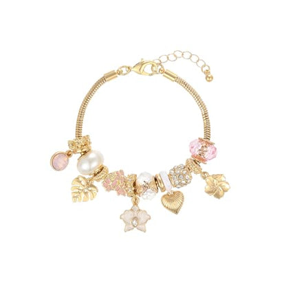 Charm Bracelet Gold Bracelets for Women Gifts | LOVE Heart Hollow Flower Bow Pink Green Square Gemstone Beaded Charm Bracelet Cute Adjustable Bracelet Jewelry - style: Hibiscus Flower